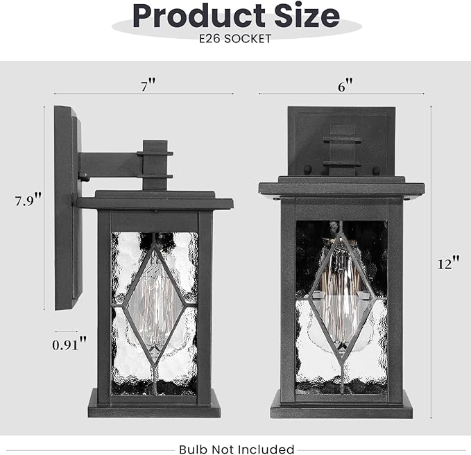 Outdoor Wall Sconce Light Matte Black Water Ripple Handmade Glass Shade Waterproof Outdoor Porch Light Wall Mount Aluminum Exterior Wall Light Fixtures