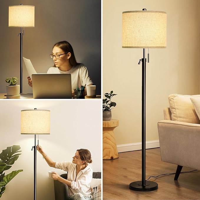 Adjustable Height Floor Lamp for Living Room, Black Standing Lamp for Bedroom Office, Modern Tall Lamp with Linen Shade, 3-Way Dimmable 8W 3000K LED Blub Included (Black)
