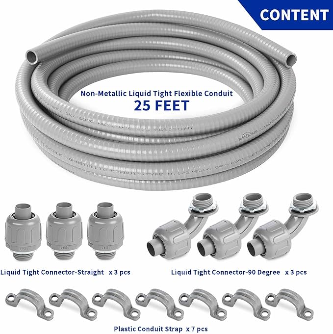 (1/2" Dia * 25 Feet) Yariwiz Flexible Electrical Conduit Liquid Tight PVC Conduit Kit with 3 PCS Coupling, 3 PCS Elbow and 7 PCS Strap, Sealtight Seal Flex Liquidtight Wire Outdoor Non Metallic Grey