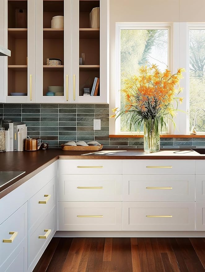 10 Pack 10 Inch Hole Center Gold Square Kitchen Cabinet Pulls Stainless Steel Brushed Gold Cabinet Handles Drawer Handles Dresser Hardware