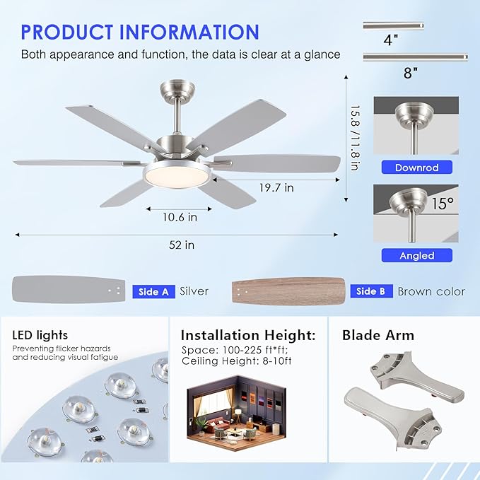 52 inch Modern Ceiling Fans with Lights Remote/APP Control,Modern Flush Mount Ceiling Fan,DC Reversible Motor, 3CCT,Surper Bright Dimmable LED Ceiling Light with Fans for Bedroom, Livingroom Nickel