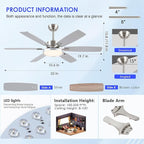 52 inch Modern Ceiling Fans with Lights Remote/APP Control,Modern Flush Mount Ceiling Fan,DC Reversible Motor, 3CCT,Surper Bright Dimmable LED Ceiling Light with Fans for Bedroom, Livingroom Nickel
