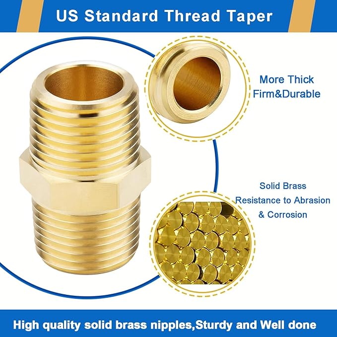 4PCS Hex Nipple 3/8"NPT x 3/8" NPT Male Solid Brass Pipe Fitting, 3/8 inch Brass nipple Male Threaded Pipe Adapter Fittings Equal Nipples Connectors Couplings