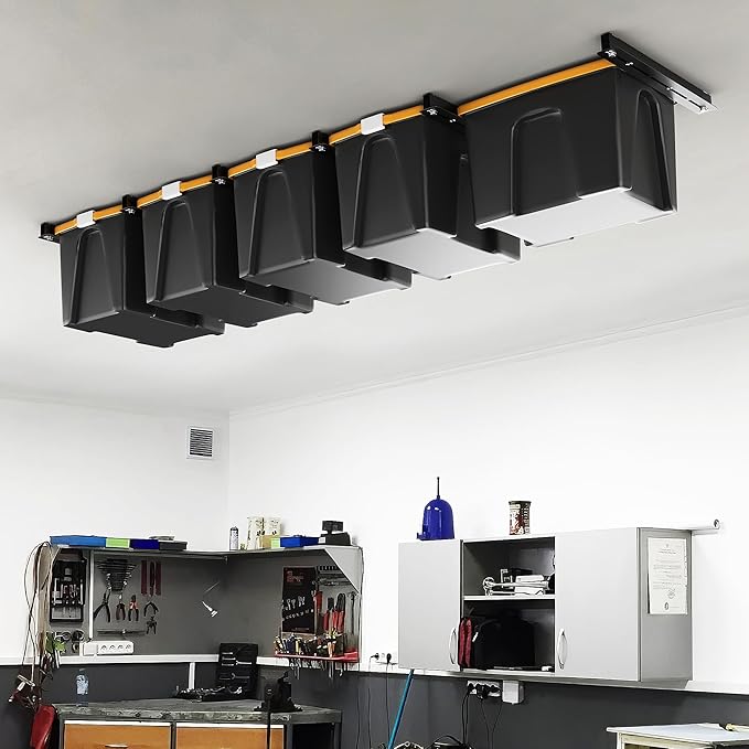 Ultrawall Overhead Garage Storage Rack, Heavy Duty Ceiling Storage Rack, 26 Inch Adjustable Ceiling Bin Storage System, 6 Sets for 5 Bins