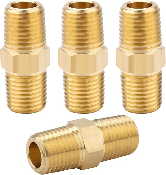 KOOTANS 1/4 NPT x 1/4 NPT Male Solid Brass Hex Nipples, Heavy Brass Pipe Adapter Fittings Equal Nipples Connectors 4Pieces