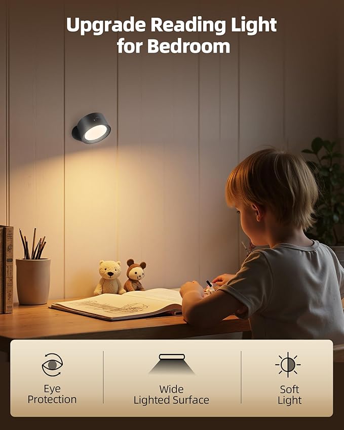 LED Wall Mounted Lights, Rechargeable Wall Sconces Lamp, 3 Color Temps & Remote and Touch, 360°Rotation Dimmable Cordless Wall Light for Study Bedroom Reading Bedside(Black, 1 Pack)