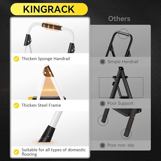 KINGRACK 3 Step Folding Ladder, 800lbs Capacity Step Stool with Safety Lock, Non-Skid Wide Pedals, and Handrail, Lightweight, Household Ladder for Home, Kitchen, Pantry, Closets, and Office Use, White