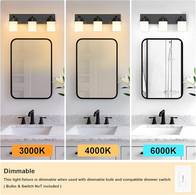 IZORRO Bathroom Vanity Light Fixture, 3-Light 22 Inch Matte Black Bathroom Light Fixtures Over Mirror, with White Glass Shade, Modern Farmhouse Vanity Lights, Rustic Restroom Lighting Fixtures