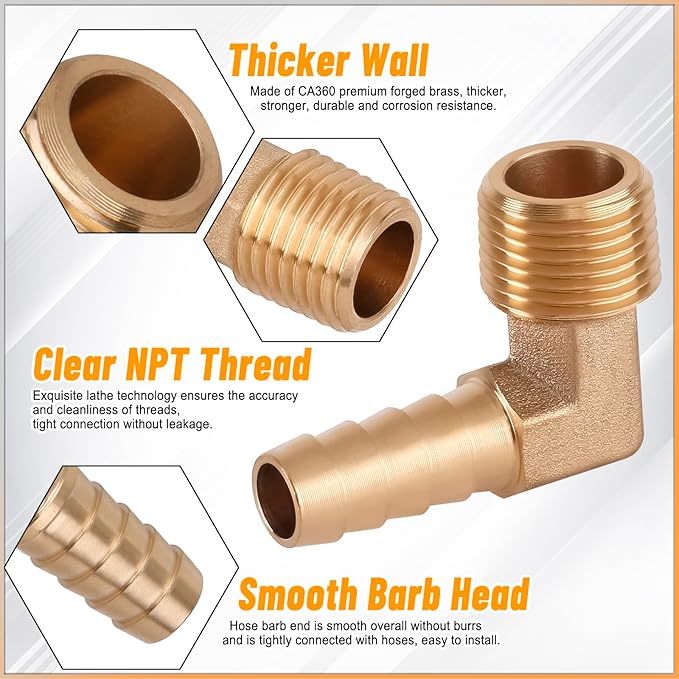 KOOTANS 18PCS Brass Hose Barb Fittings 90 Degree Elbow Barb to NPT Male Thread Adapter Kit 1/4" 5/16" 3/8" Barbed Air Hose Fittings with 30pcs Pipe Clamps for Water Fuel Air Line Connector Fitting