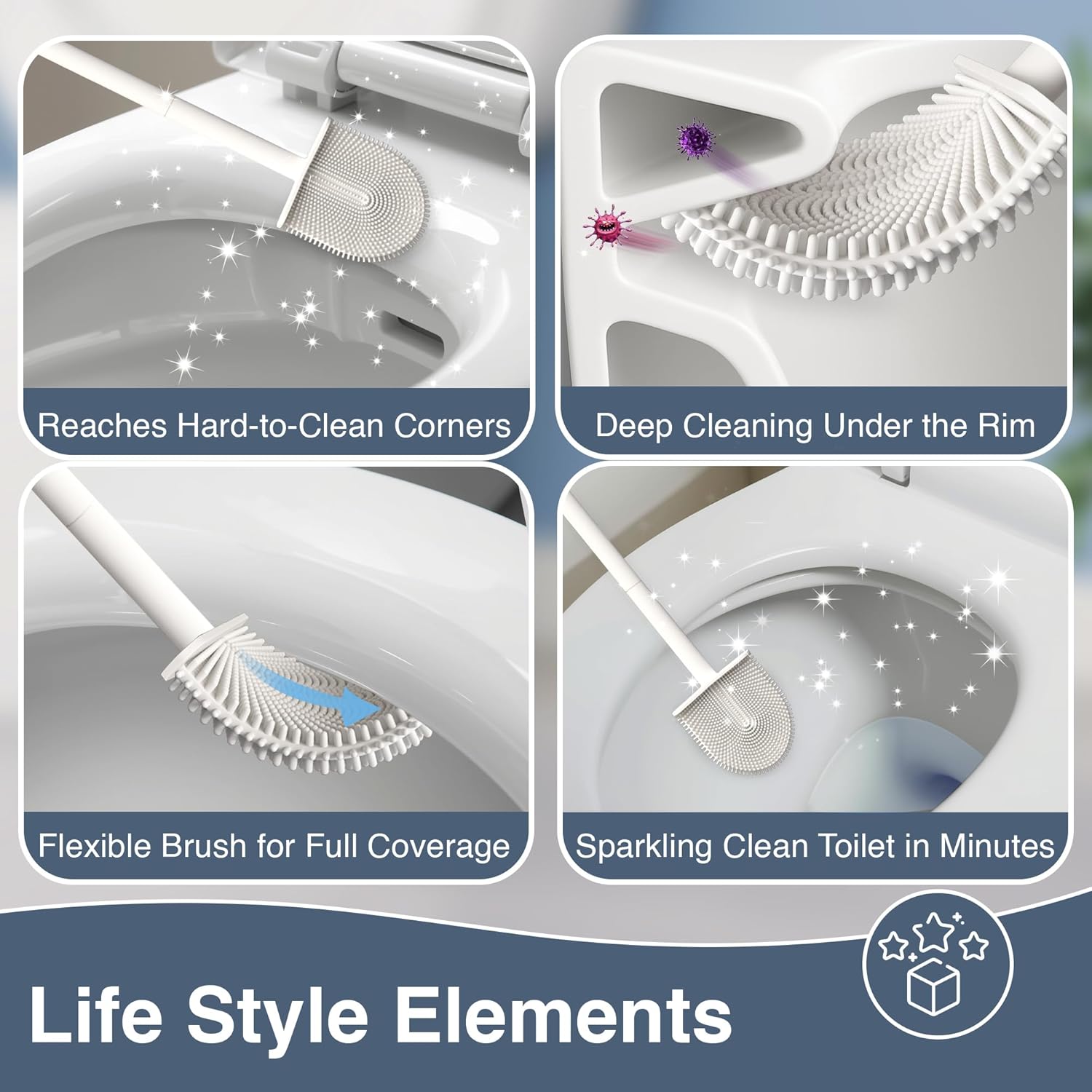 3 Pack Silicone Toilet Brushes & Holders– Includes 3 Crevice Brushes for Bathroom, Long Non-Slip Handle – Durable Bathroom Cleaning Set.