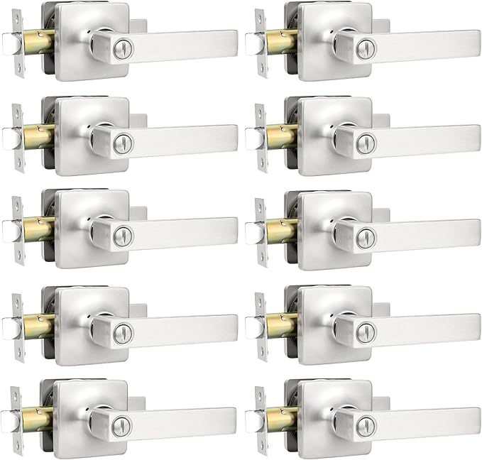 GOBEKOR 10 Pack Privacy Door Levers Keyless Bedroom Door Handle with Lock Brushed Nickel Interior Door Handles Square Door Lock Straight Lever