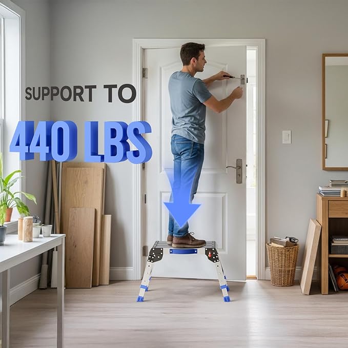 Folding Step Stool for Adults, Aluminum Work Platform Adjustable Height, Lightweight and Durable Portable Outdoor Aluminum Step Stool Foldable, Maximum Load Capacity of 440 Pounds.
