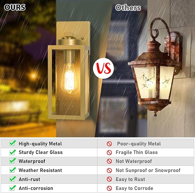 BesLowe 2-Pack Outdoor Wall Light Fixtures, Exterior Waterproof Wall Lanterns, Porch Sconces Wall Mounted Lighting with E26 Sockets & Glass Shades, Modern Wall Lamps for Patio Front Door, Gold