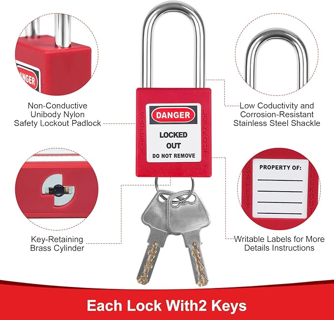 Red Loto Locks - 5pcs Keyed Different, 2 Keys Per Lock, OSHA Compliant Safety Padlocks for Electrical Lockout Tag Out Kits
