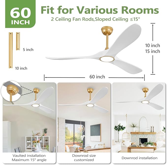 60 Inch Gold Ceiling Fans with Lights and Dimmable Mordern, 3CCT,Outdoor Ceiling Fan with Lights High CFM Quiet 3 Blades Propeller Wood Ceiling Fan for Patio,Porch,Farmhouse,Gazebo