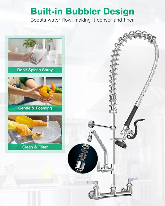 Commercial Faucet with Sprayer for Kitchen Staff: 36 Inches Commercial Faucet Pre Rinse Sprayer 8 inch Center Wall Mount Kitchen with 12 inch Add on Spout