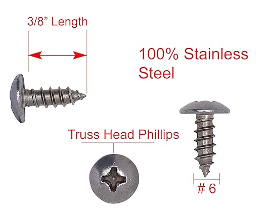 No. 6 x 1/2" Stainless Truss Head Phillips Wood Screw, (100 pc), 18-8 (304) Stainless Steel Sheet Metal Screws, Type A Point, Plain Finish by Bolt Dropper, ssd Screws