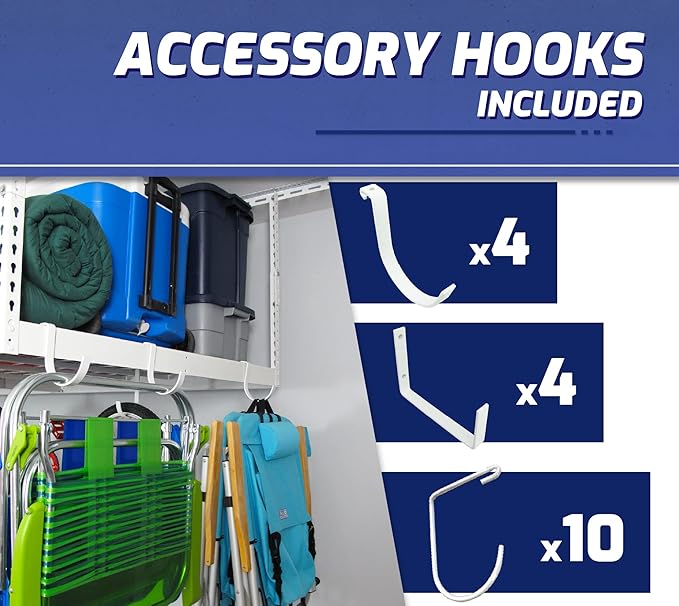 SafeRacks Overhead Garage Storage Rack, Heavy Duty Racks for Garage w/ 600 lb Capacity, Easy Garage Storage Adjustable Storage Rack Ceiling Mount Storage for Garage 4x8 White, 12"-21" (2 Pack)