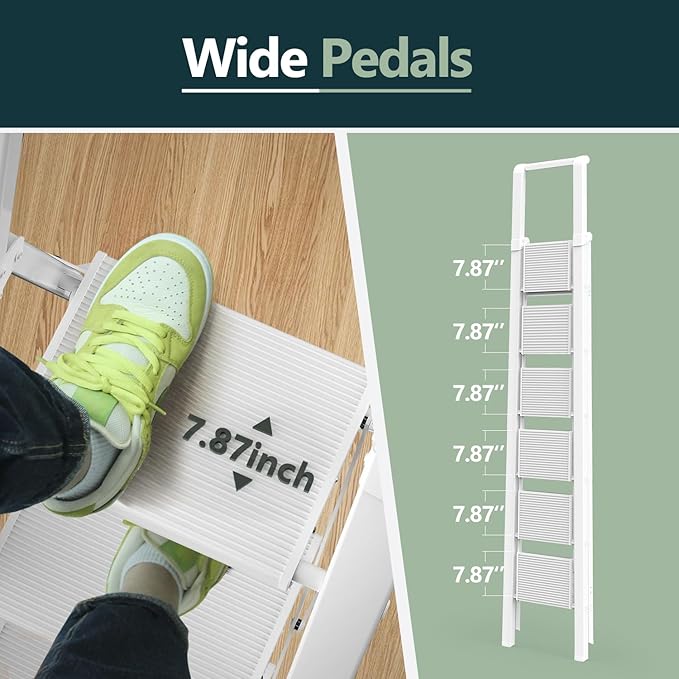 WOA WOA 6 Step Ladder, Lightweight Folding ladders with Wide Pedals, Slim Stepladder for Narrow Spaces, Tall Ladder for High Ceilings with Handrails, Kitchen Aluminum Ladder 300lbs - White