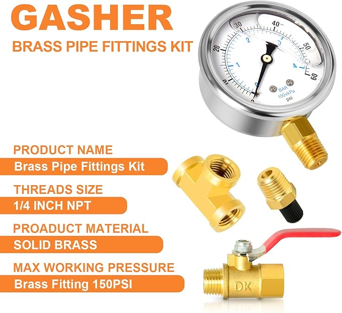 GASHER 10PCS Pipe Fitting Kit, Brass, 1/4" - 1/8" & 3/8" - 1/4" Fittings, T Fitting, Ball Valve, Pressure Gauge 0-60PSI