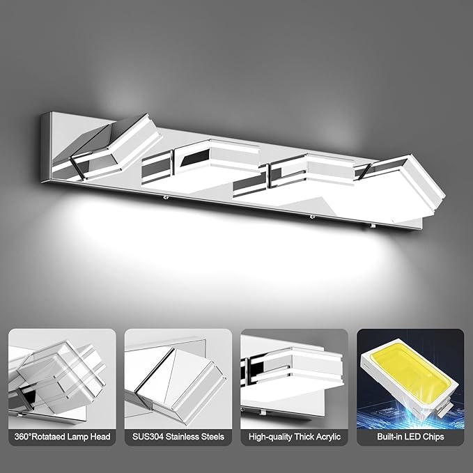 Ralbay 30inch Chrome Vanity Light for Bathroom with 5 Color Temperatures (3000K-6000K) Dimmable Stainless Steel Acrylic LED Modern Chrome Bathroom Light Fixtures (4-Light)