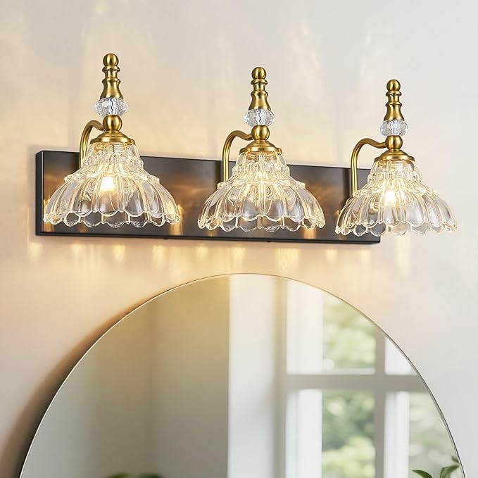 Vintage Bathroom Vanity Light, 3-Light Black Gold Vanity Lighting Fixture with Flower Glass Shade, Bathroom Lighting Fixtures Over Mirror