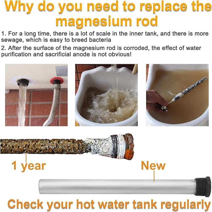 Podoy Magnesium Anode Rod for Hot Water Heater Compatible with Reliance Rheem Richmond GE Tanks Universal 32 Inches x Three Quarter 3/4" NPT Thread, 0.84" Diameter Hex Plug 2