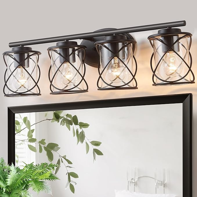 4-Lights Bathroom Light Fixtures, Matte Black Modern Vanity Light Over Mirror, Bathroom Wall Lamp for Mirror Kitchen Living Room Hallway Porch, Farmhouse Wall Lights with Clear Glass Cage Shade