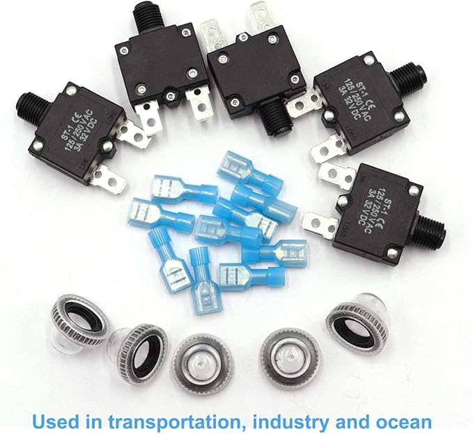 mxuteuk 5Pcs 4Amp Circuit Breakers Push Button Manual Reset 125/250V AC 32V DC,Overload Protector Switch Thermal Circuit Breakers with Quick Connect Terminals and Waterproof Button Caps ST1-5-4A