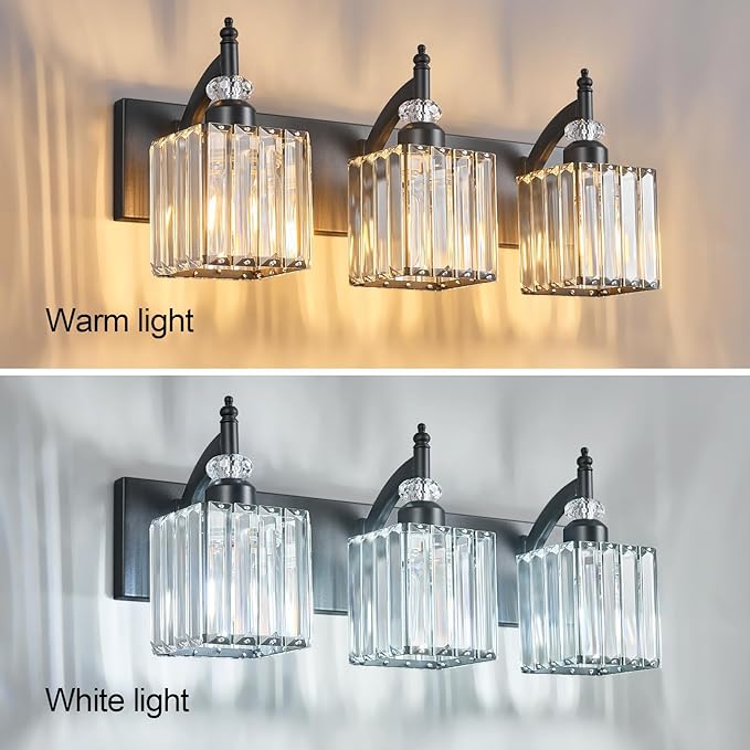 Crystal Vanity Lights Black 3 Light Bathroom Light Fixtures Over Mirror Modern Vanity Light for Bathroom