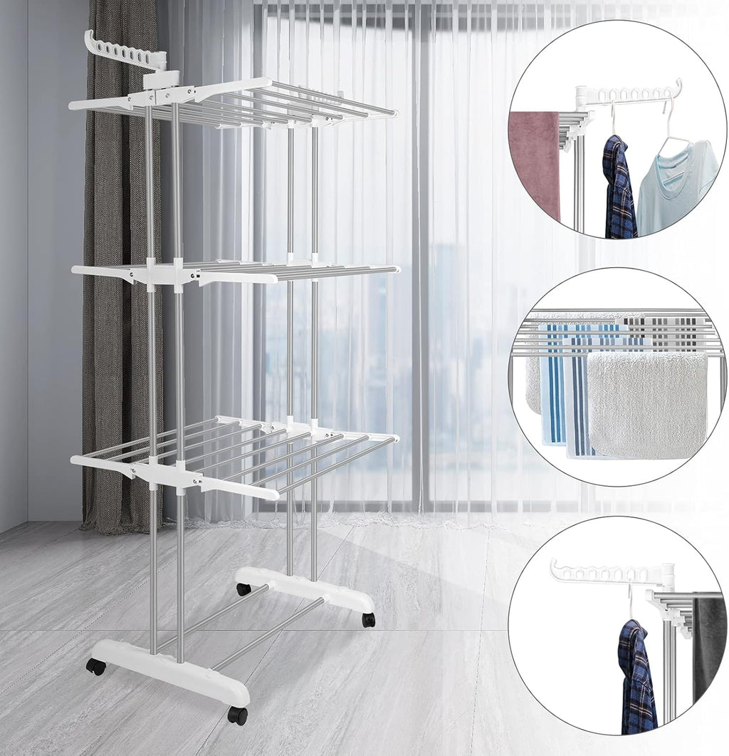 Bigzzia Clothes Drying Rack, Folding Stainless Steel Drying Rack Clothing Indoor Outdoor, Space-Saving, 4 Tier Laundry Drying Rack with Two Side Wings -Grey White