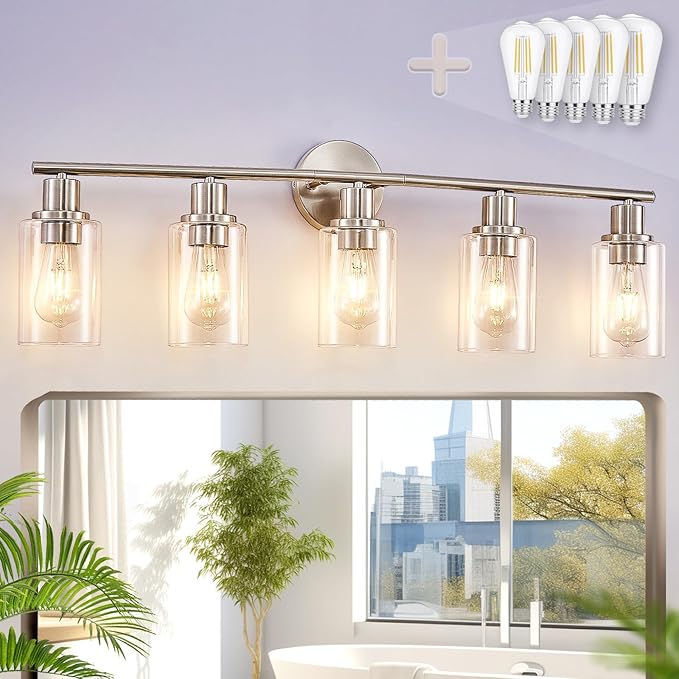 DLLT 5-Light Bathroom Light Fixtures: Nickel Modern Vanity Lights with E26 Bulbs - Clear Glass Shade Bathroom Wall Lamp for Mirror Kitchen Living Room Hallway Cabinet Porch