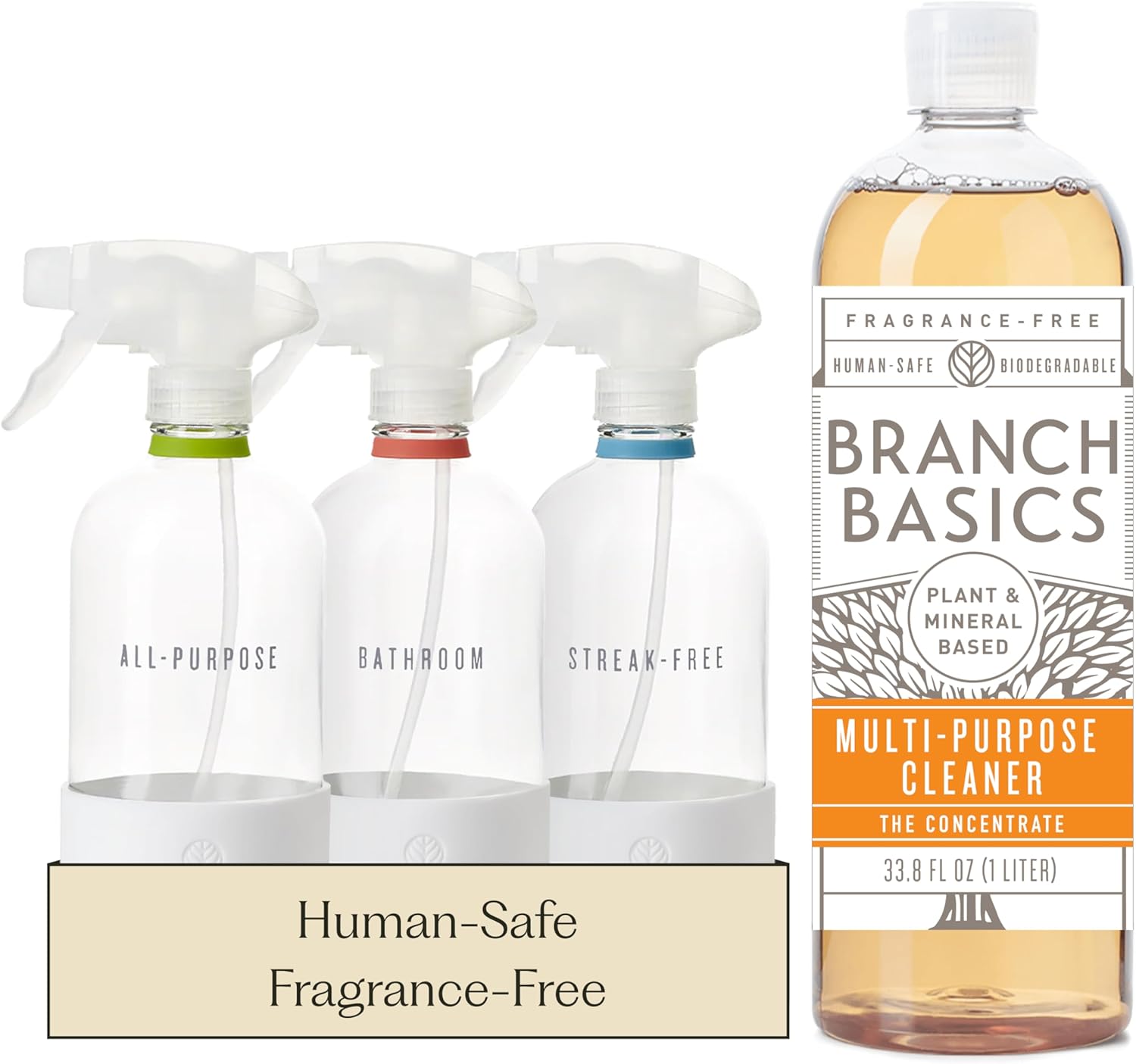 Branch Basics Cleaning Essentials Kit: All Purpose, Glass and Bathroom Cleaner - Concentrate (33.8 Oz) (24 Refills) + Refillable Glass Spray Bottles (16 Oz) Plant Based, Human-Safe, & Fragrance Free