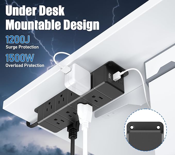 40W Fast Charging Under Desk Power Strip,12 Outlet Mountable Power Strip with 4 USB,1200J Surge Protection,10FT Flat Extension Cord Black