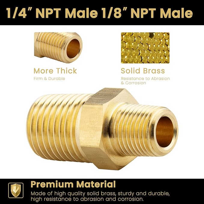 KOOTANS 1/4 NPT x 1/8 NPT Male Solid Brass Nipples, Heavy Brass Pipe Adapter Fittings Hex Reducing Nipples Connectors 4Pieces