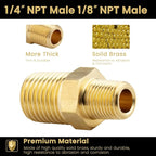 KOOTANS 1/4 NPT x 1/8 NPT Male Solid Brass Nipples, Heavy Brass Pipe Adapter Fittings Hex Reducing Nipples Connectors 4Pieces