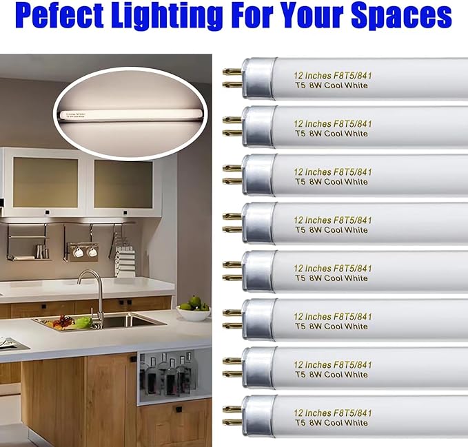 8 Pack F8T5/CW Fluorescent Bulbs, T5 12 inch 8 Watts Under Cabinet Light Bulb Cool White, G5 Mini Bi 420 Lumen
