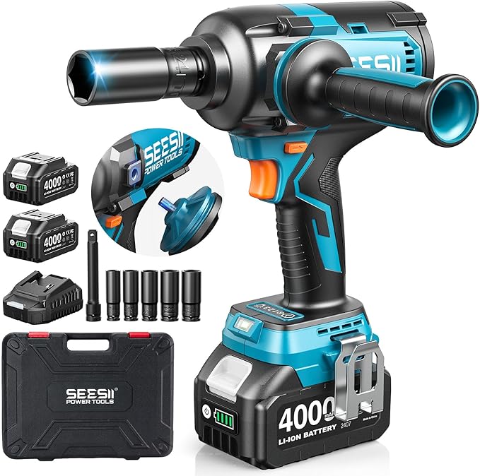 Seesii [Upgraded] Impact Wrench 1180 Ft-lbs (1600 N·m): 1/2" High-Torque Impact Gun with Detachable Handle, 21V Cordless Impact Driver 2x 4.0Ah Batteries for Car/Pickup Truck/Mower/Industrial Tasks