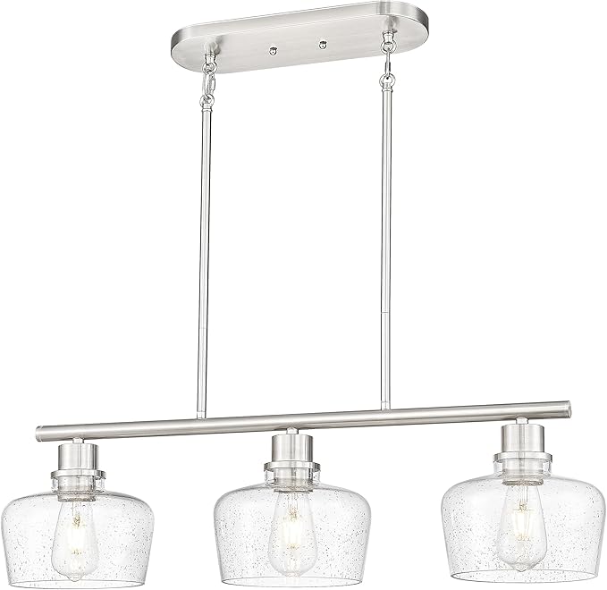 Emak 32 Inch Dining Room Light Fixtures Over Table, Brushed Nickel Kitchen Island Lighting with Seeded Glass Shade, 3-Light Linear Chandelier Light for Kitchen Island, Dining Room, Bar, IL122-BN-SG-3