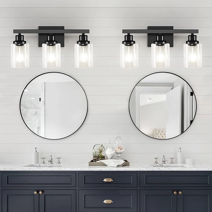 3-Light Bathroom Light Fixtures, Black Bathroom Vanity Light with Clear Glass Shade, Modern Bathroom Wall Lights Over Mirror, Farmhouse Wall Sconces Lighting for Bedroom LivingRoom