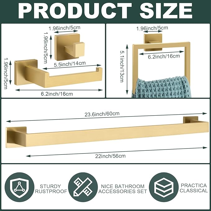 Gisafai 20 Pcs Bathroom Hardware Accessories Set 23.6 Inch Bath Towel Bar Kit Stainless Steel Bathroom Hardware Set Towel Racks Ring Hooks Paper Holder for Wall Mounted (Brushed Gold)