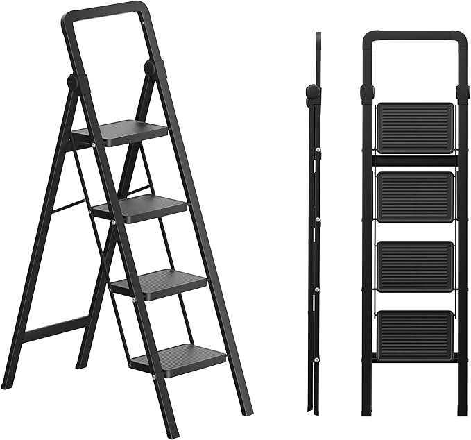Step Ladder 4 Step Folding Stool with Anti-Slip Widened Sturdy Pedal and Handgrip, Portable and Multi-Use Iron Stepladder for Home, Kictchen, 300 lbs Capacity -Black
