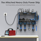 CCCEI Modular Power Tool Organizer Wall Mount with Charging Station. Garage 4 Drill Storage Shelf with Hooks, Screwdriver, Drill Bit Heavy Duty Rack, Tool Battery Holder Built in 8 Outlet Power Strip.