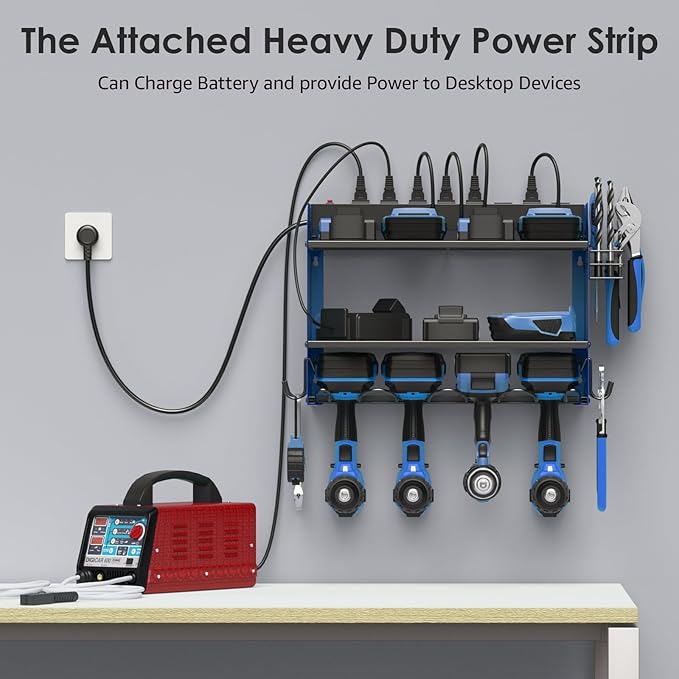 CCCEI Modular Power Tool Organizer Wall Mount with Charging Station. Garage 4 Drill Storage Shelf with Hooks, Screwdriver, Drill Bit Heavy Duty Rack, Tool Battery Holder Built in 8 Outlet Power Strip.