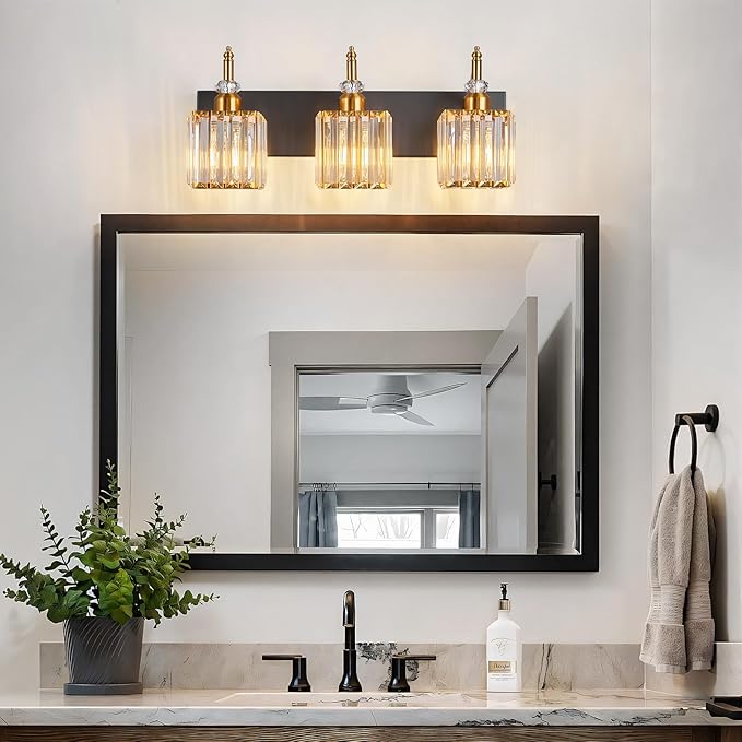 Crystal Vanity Lights - Black Gold 3 Light Bathroom Vanity Light Fixtures Over Mirror Modern Vanity Light