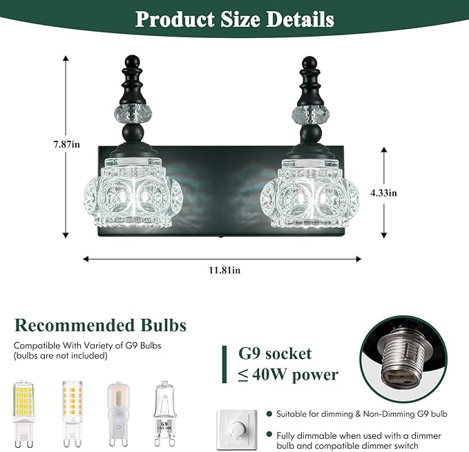 Modern Glass Crystal Bathroom Vanity Light Indoor Wall Lamp Black Vintage Wall Sconces 2-Lights Vanity Lighting Wall Mounted Sconce Wall Lighting