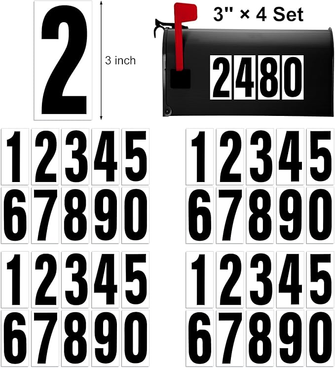 Reflective Number Stickers, 4 Sets 3 Inch Vinyl Waterproof Black Mailbox Numbers for Outside, Strong Self-Adhesive House Numbers Decals for Mailbox Door Signs Trucks