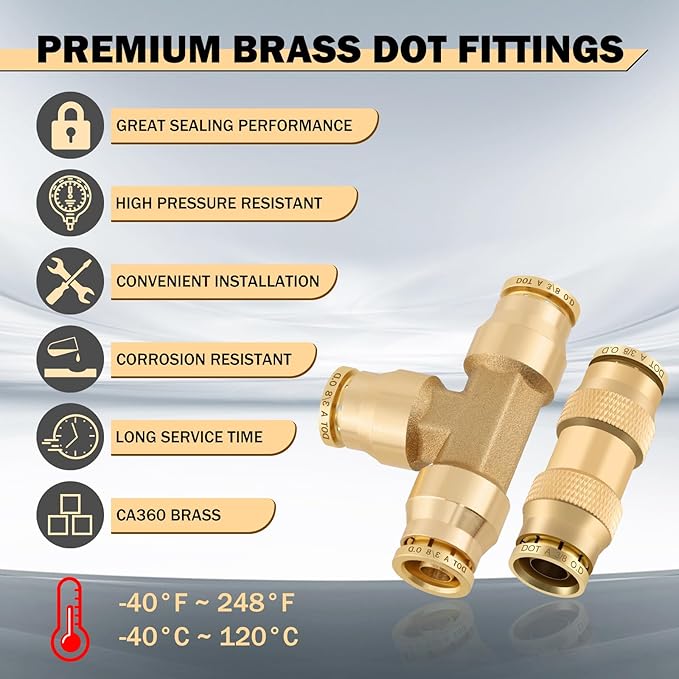CheeMuii 35 PCS Brass DOT Air Line Fittings With 50FT 1/4" and 30FT 3/8" Air Line Kit - Push Lock Quick Connect Fittings With Pneumatic Tubing Set