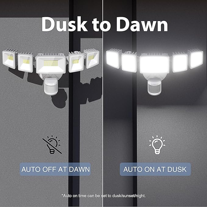 Onforu 120W 12000LM LED Security Lights Motion Sensor Outdoor, Dusk to Dawn Flood Lighting, 5 Heads 360° Wide Angle Illumination, 6500K IP65 Waterproof Hardwired Floodlight Motion Detection (White)