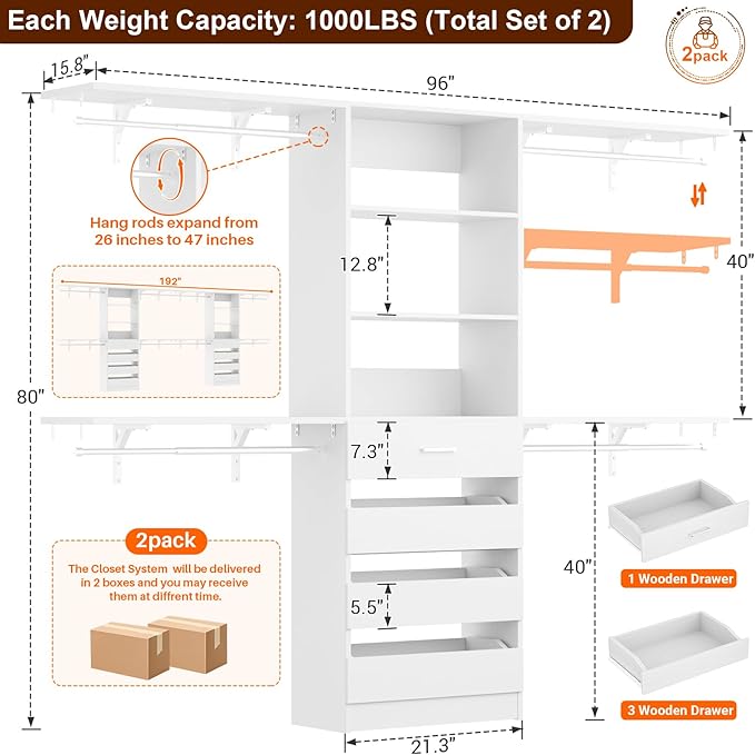 Aheaplus Closet System with Drawers Set of 2, Wood Closet Organizer System with 8 Hanging Rods & Top Shelves, Walk-in Closets Organizer Wardrobe Clothes Rack System, Cut Fits Spaces 4-9FT. Wide, White